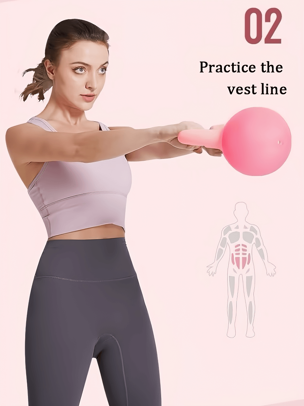 Woman exercising with a pink kettlebell for core strength training, featuring 'Practice the vest line' guidance.