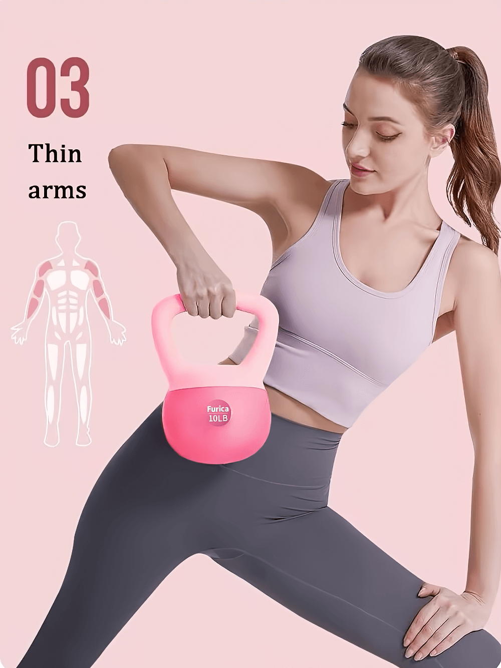 Woman demonstrating workout with pink PVC-coated kettlebell for arm toning.