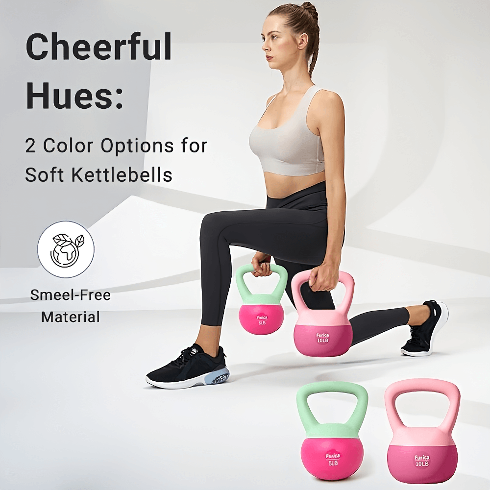 Woman exercising with pink kettlebell, showcasing PVC-coated design and ergonomic handle. Available in two colors for gym workouts.