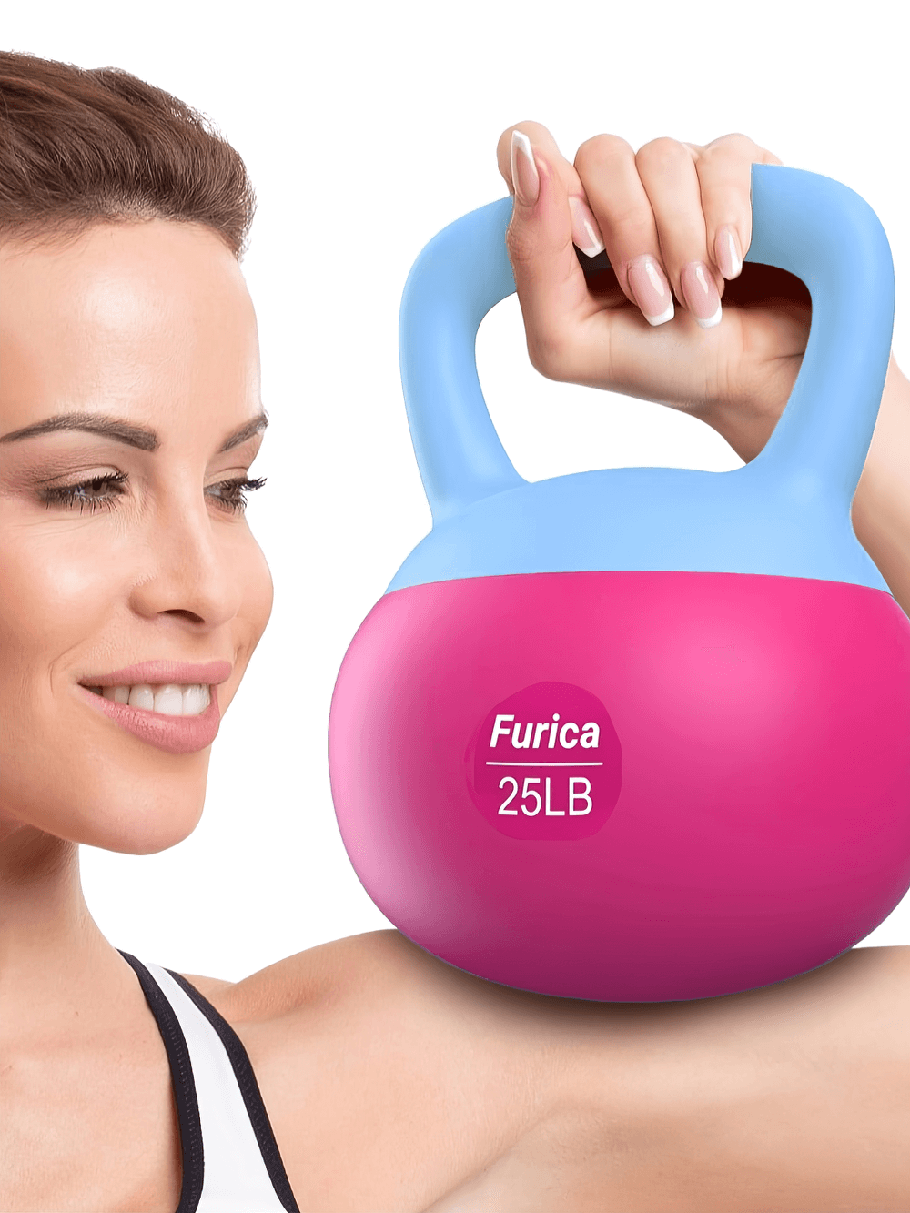 Woman exercising with a 25lb pink and blue PVC-coated kettlebell, ideal for home and gym strength workouts