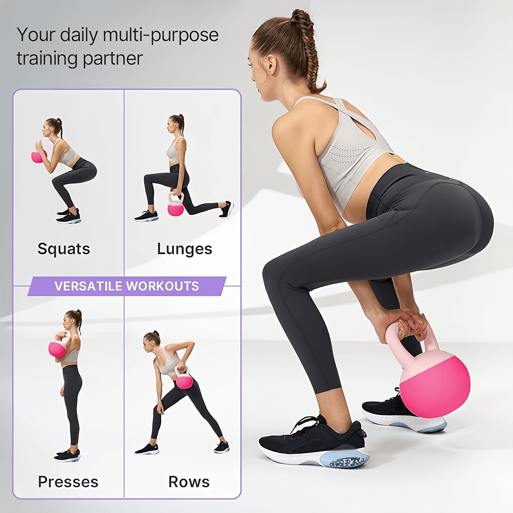 Woman using pink PVC-coated kettlebell for versatile workouts, including squats, lunges, presses, and rows.