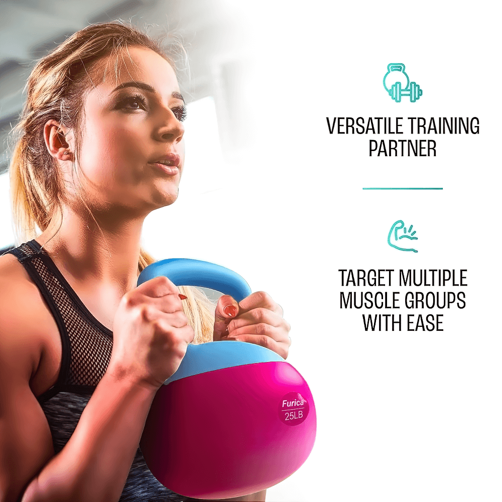 Woman lifting a pink PVC-coated kettlebell for versatile home workouts and muscle training.