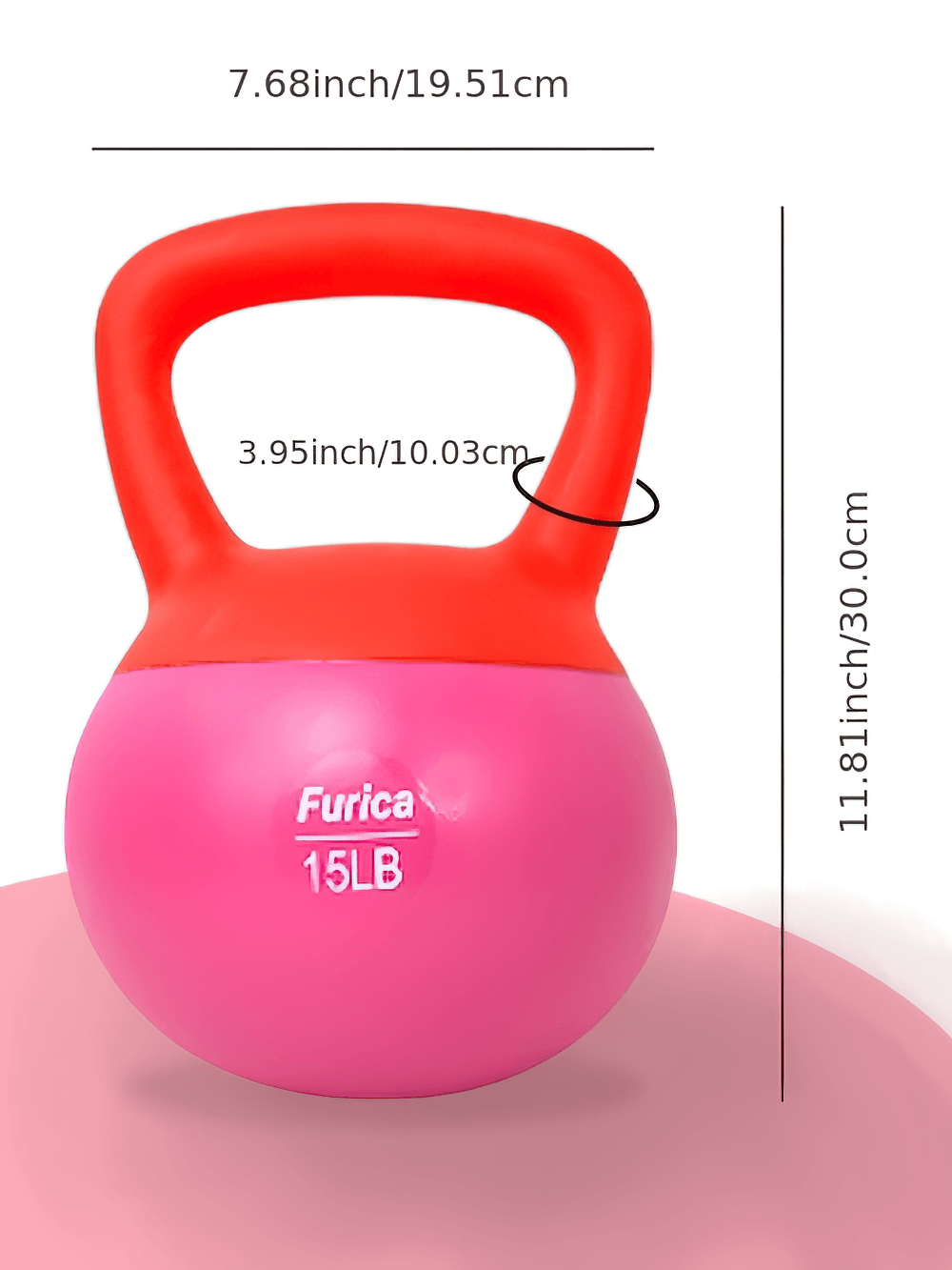 Pink 15LB PVC-coated kettlebell with ergonomic handle, dimensions shown, ideal for strength and cardio workouts at home or gym.