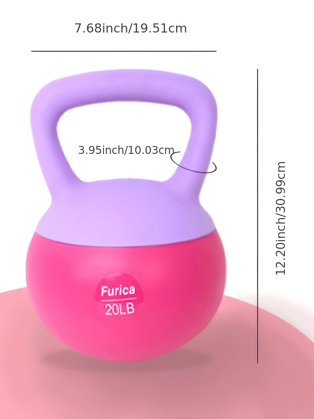 Pink and purple 20lb PVC-coated kettlebell with dimensions, ideal for gym and home workouts, featuring ergonomic handle.