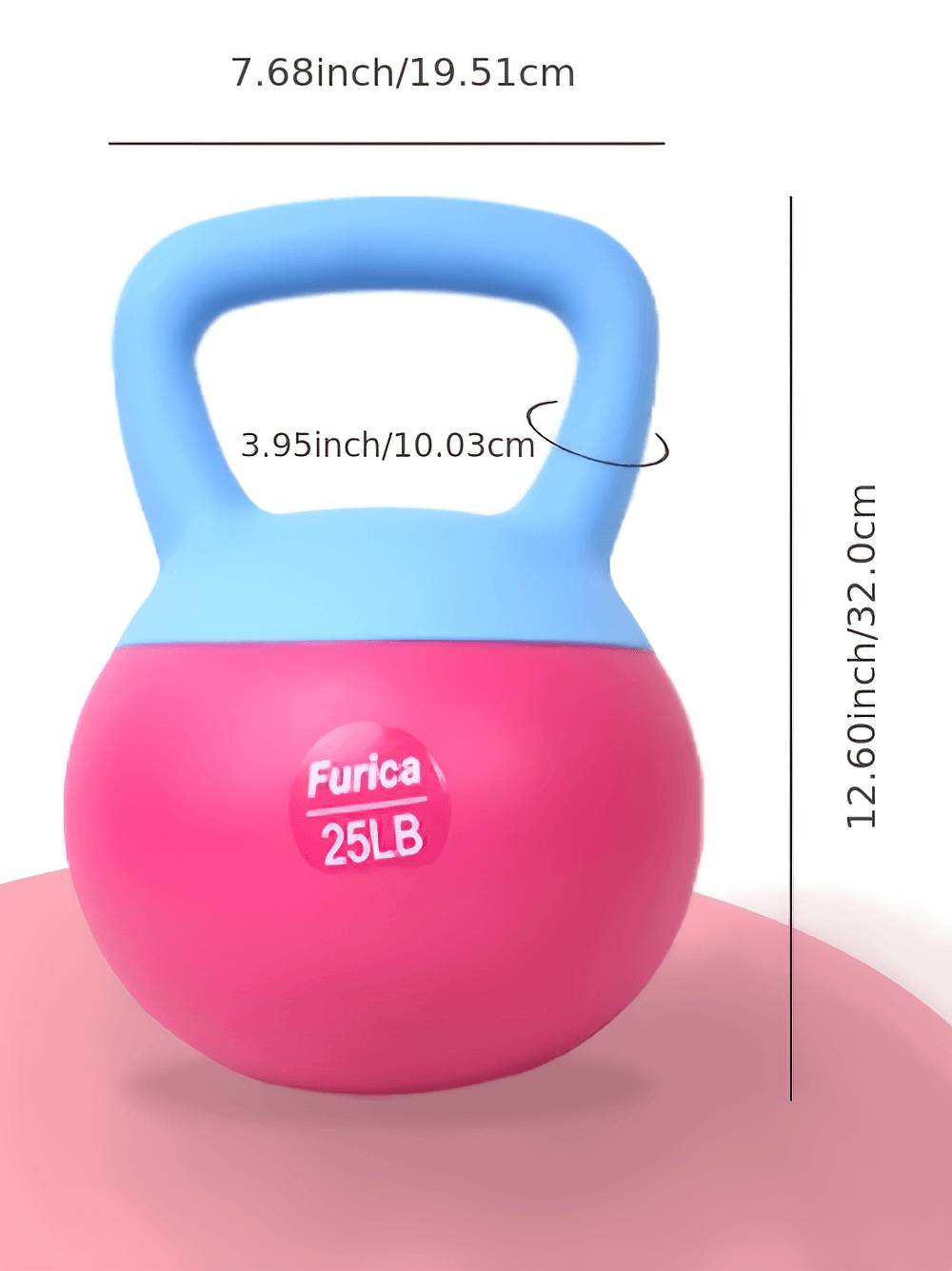 Pink and blue 25LB PVC-coated kettlebell with ergonomic handle for home and gym workouts, dimensions shown in inches and centimeters.