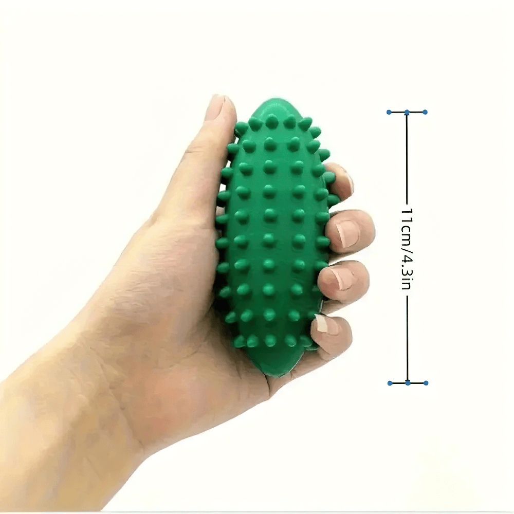 Green spiky massage ball for foot and hand pain relief, 11cm long, fits in hand. Ideal for plantar fasciitis therapy and muscle relaxation.
