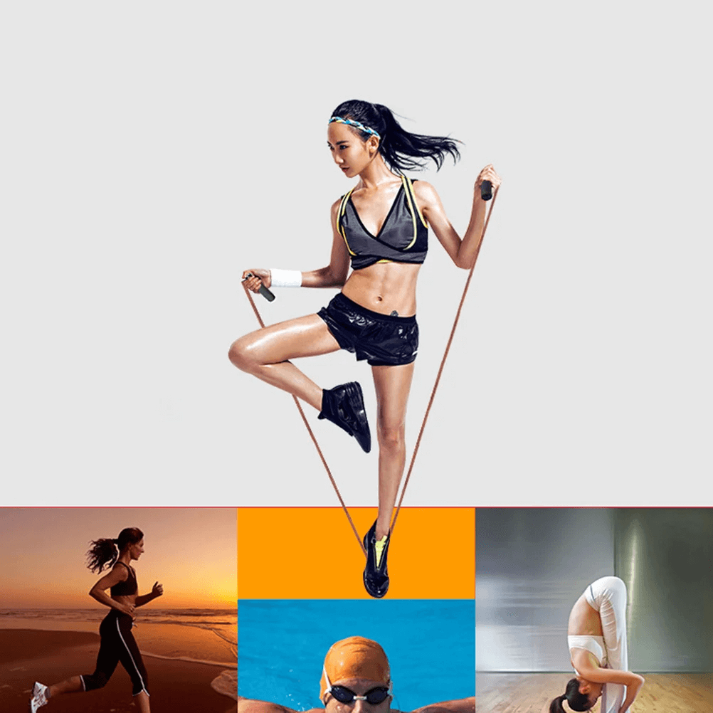 Woman using PVC steel wire skipping rope with soft grip handles for fitness training in varied workout scenes.