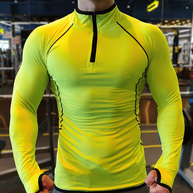 Quarter-Zip Long Sleeves Compression Bodybuilding Top in neon, spandex material; perfect for flexible support at the gym.