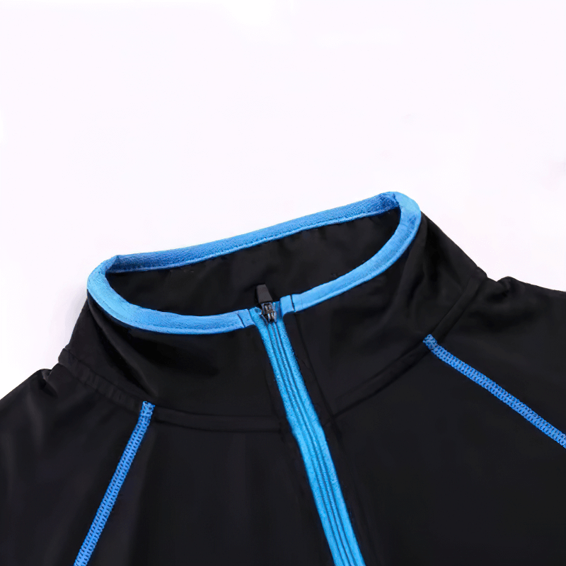 Black and blue quarter-zip long sleeves compression bodybuilding top made of spandex, designed for men.