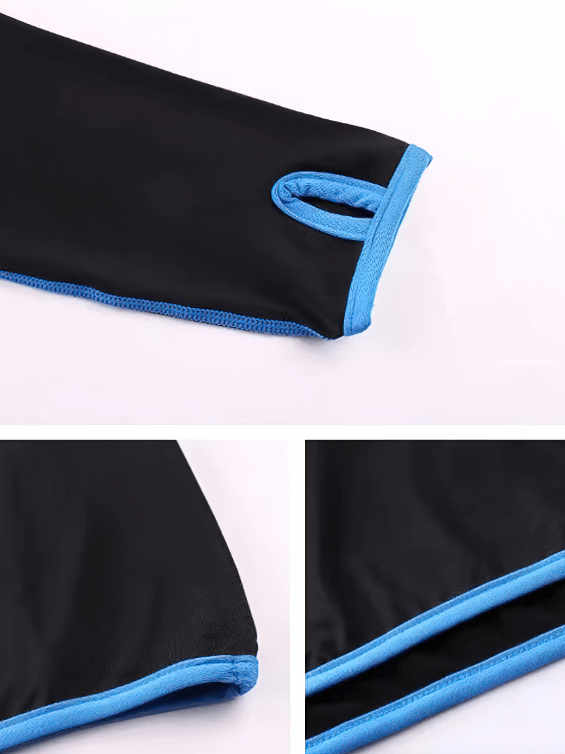 Close-up of spandex Quarter-Zip Long Sleeves Compression Bodybuilding Top SF1950 with blue accents, showcasing fabric texture and design.