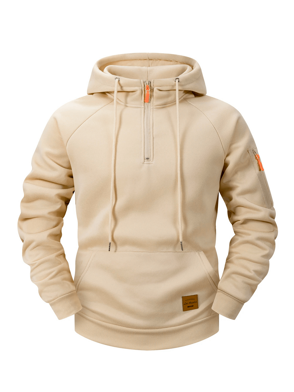 Quarter Zip Pullover Hoodie with Utility Pocket - SF4605 in beige, featuring drawstring hood and sleeve zip detail.