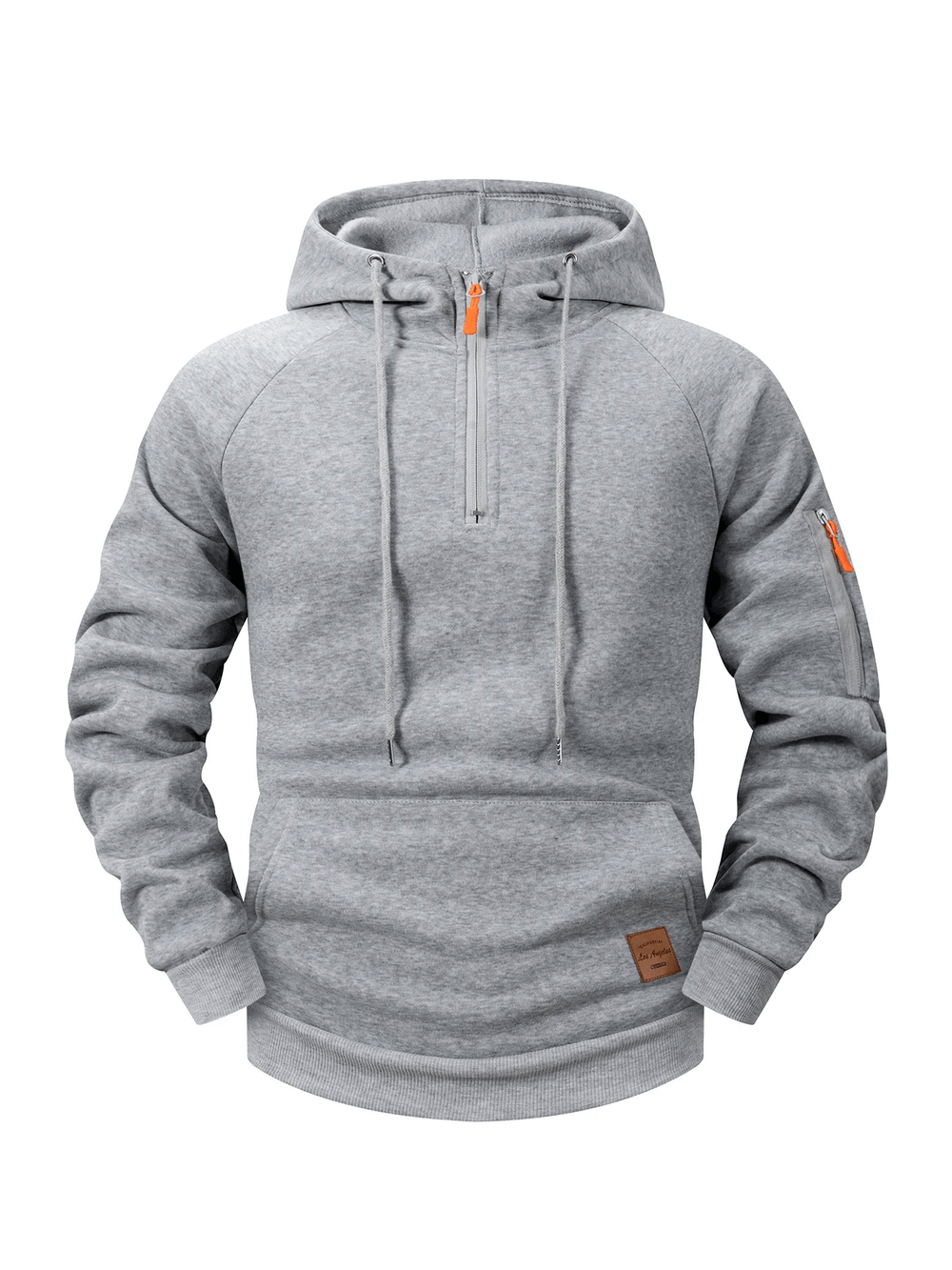 Quarter Zip Pullover Hoodie with Utility Pocket - SF4605 in gray with drawstring hood and sleeve zip detail.