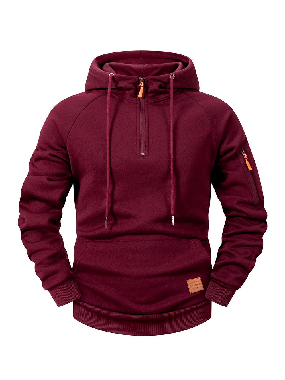 Quarter Zip Pullover Hoodie with Utility Pocket - SF4605 in burgundy color featuring drawstring hood and sleeve zip detail.