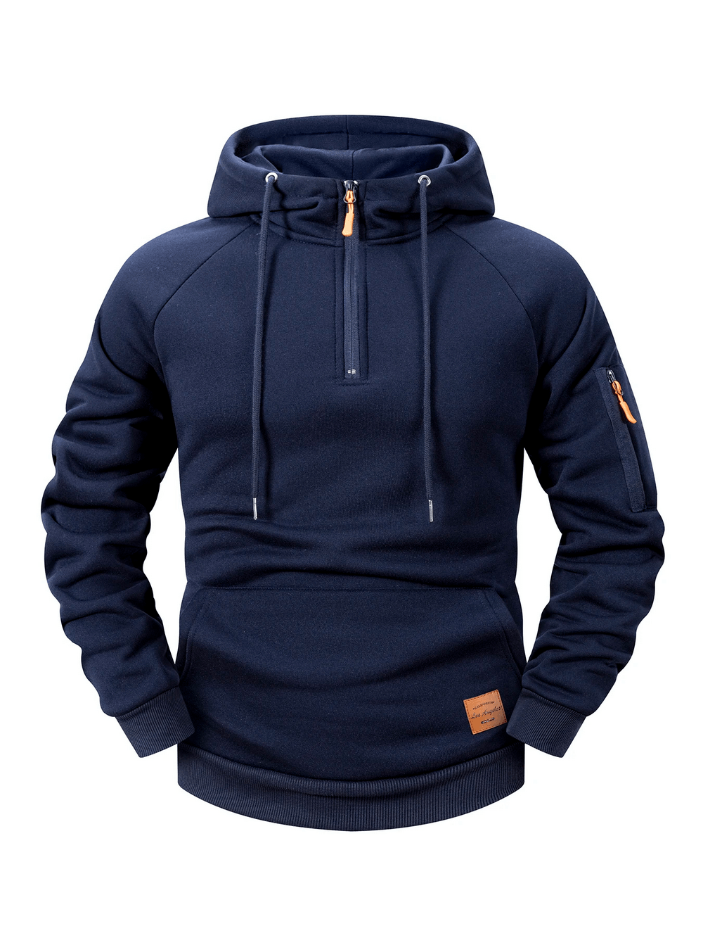 Quarter Zip Pullover Hoodie with Utility Pocket - SF4605 in navy, featuring a drawstring hood and sleeve zip detail.
