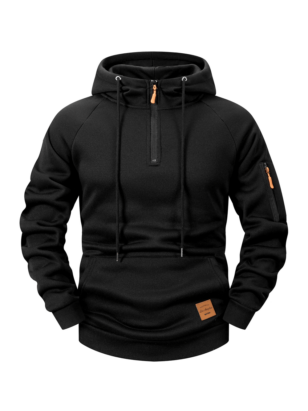 Quarter Zip Pullover Hoodie with Utility Pocket - SF4605 in black showcasing a drawstring hood and sleeve zip detail.