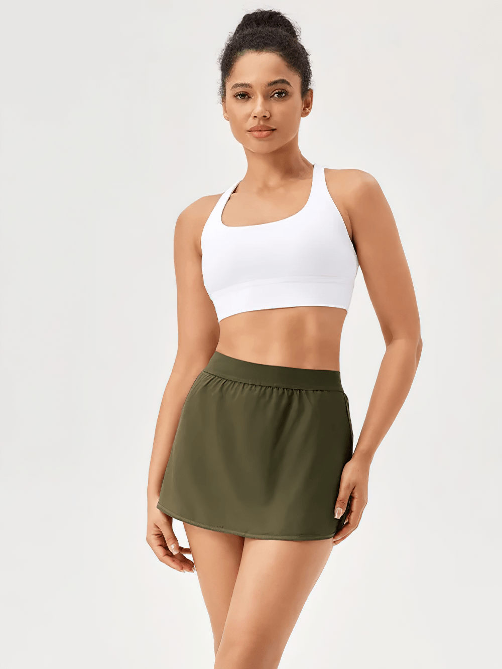 Alt Tag: Quick Dry Athletic Skirt for Gym Running and Yoga - SF4420 women’s 2-in-1 tennis skort with built-in shorts and pocket, olive