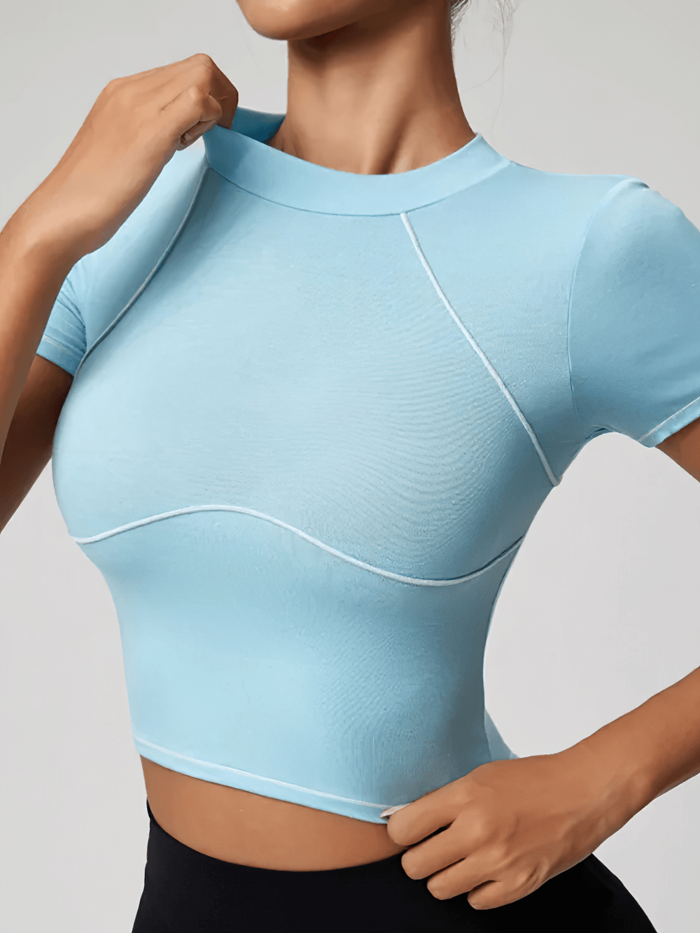 Alt Tag: Quick-Dry Compression Sports T-Shirt for Women's - SF4386 light blue short-sleeve compression top with contrast piping