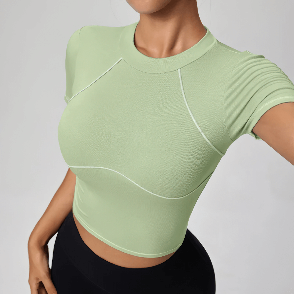 Alt Tag: Quick-Dry Compression Sports T-Shirt for Women's - SF4386 light green short-sleeve with contrast piping, breathable gym running tee