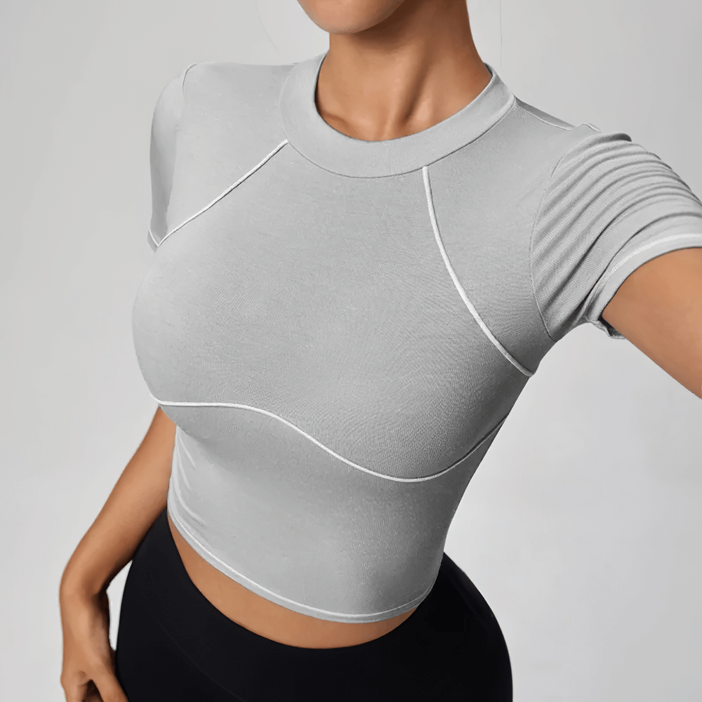 Alt Tag: Quick-Dry Compression Sports T-Shirt for Women's - SF4386 light gray short-sleeve nylon spandex gym running top with contrast piping