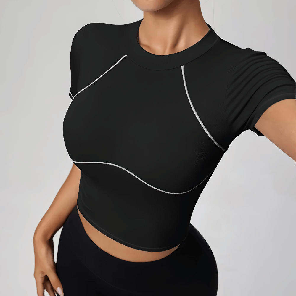 Alt Tag: Quick-Dry Compression Sports T-Shirt for Women's - SF4386 black short-sleeve compression top with contrast piping for running, gym