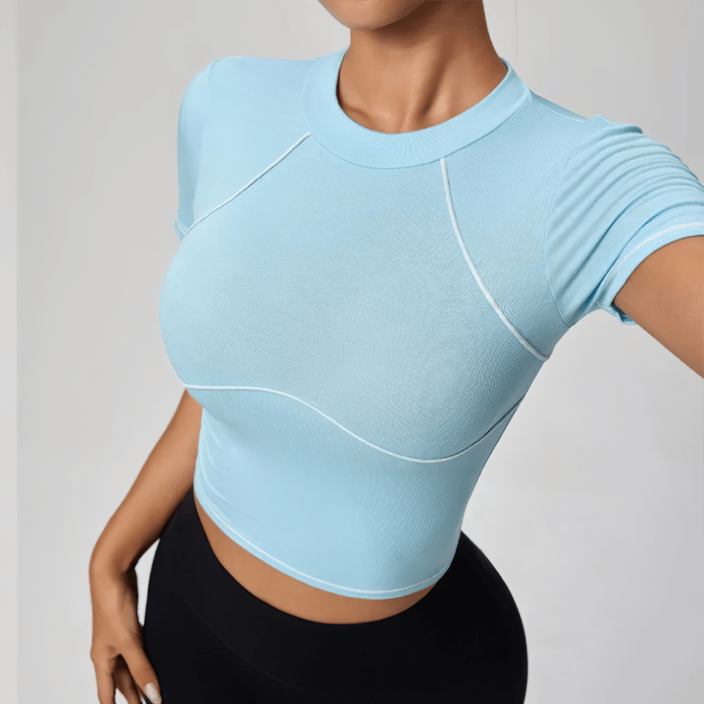 Alt Tag: Quick-Dry Compression Sports T-Shirt for Women's - SF4386 light blue short-sleeve compression top with contrast piping for running gym yoga