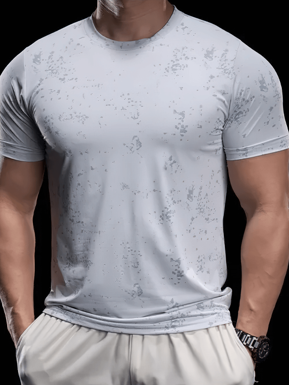 Alt Tag: Quick Dry Compression T-Shirt with Marbled Print - SF4373 light gray slim-fit men’s quick-dry training tee, short sleeve crew neck