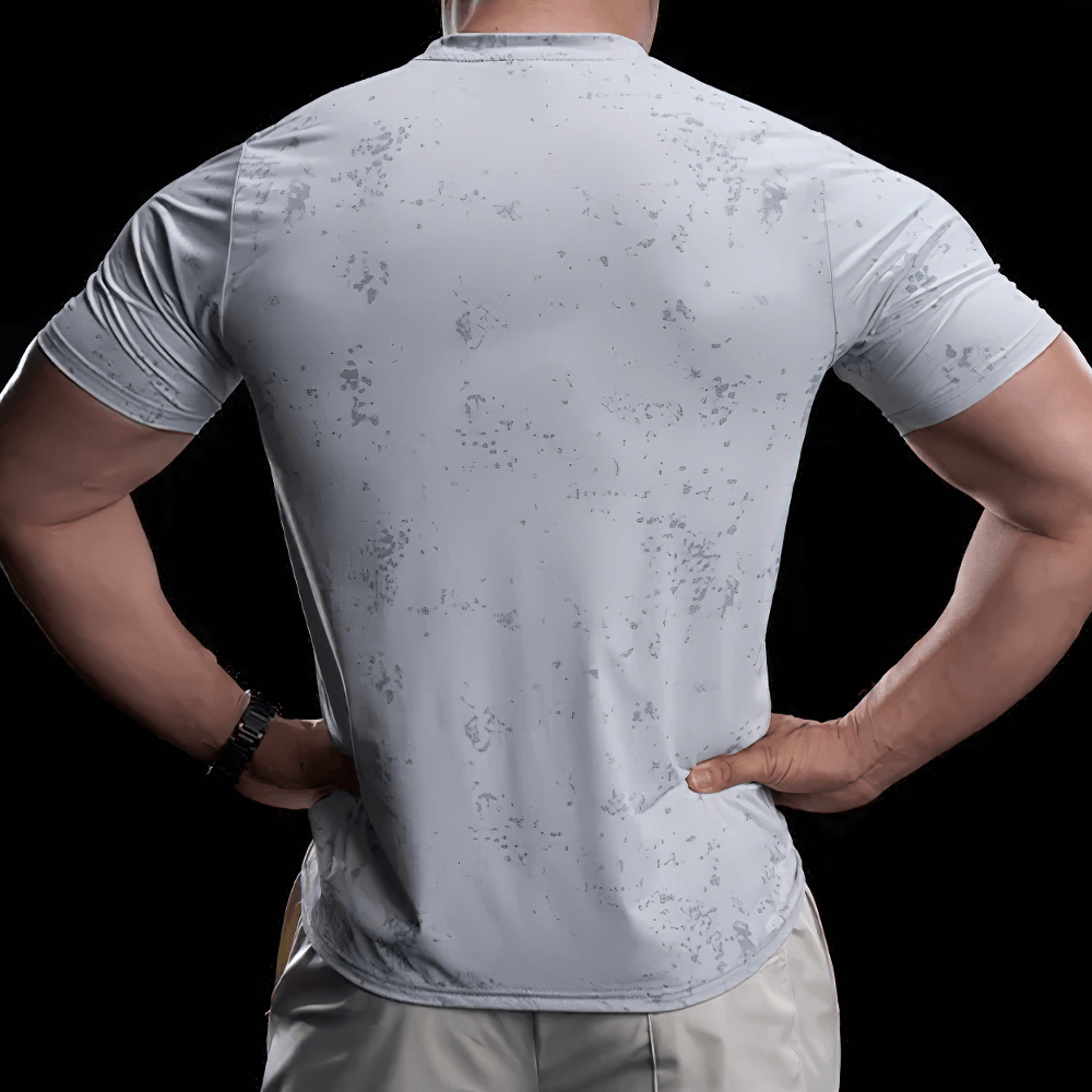 Alt Tag: Quick Dry Compression T-Shirt with Marbled Print - SF4373 men’s light gray marbled quick-dry gym compression tee, back view