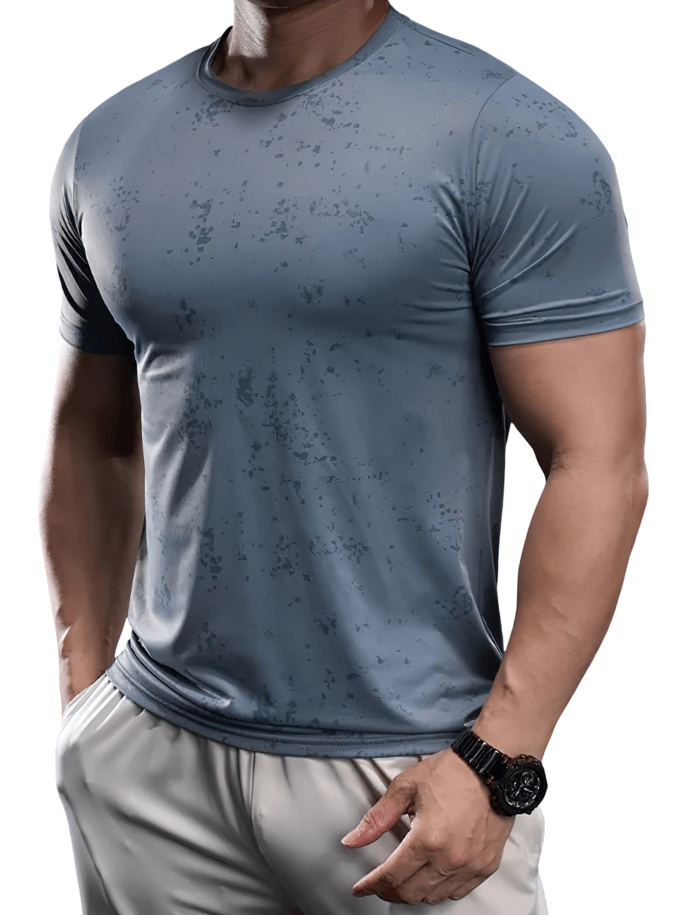 Alt Tag: Quick Dry Compression T-Shirt with Marbled Print - SF4373 men’s light gray slim-fit quick-dry training tee, short sleeve crew neck