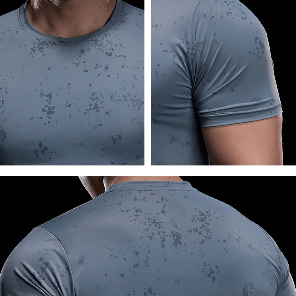 Alt Tag: Quick Dry Compression T-Shirt with Marbled Print - SF4373 light gray marbled men’s tight-fit quick-dry gym training tee, front sleeve back