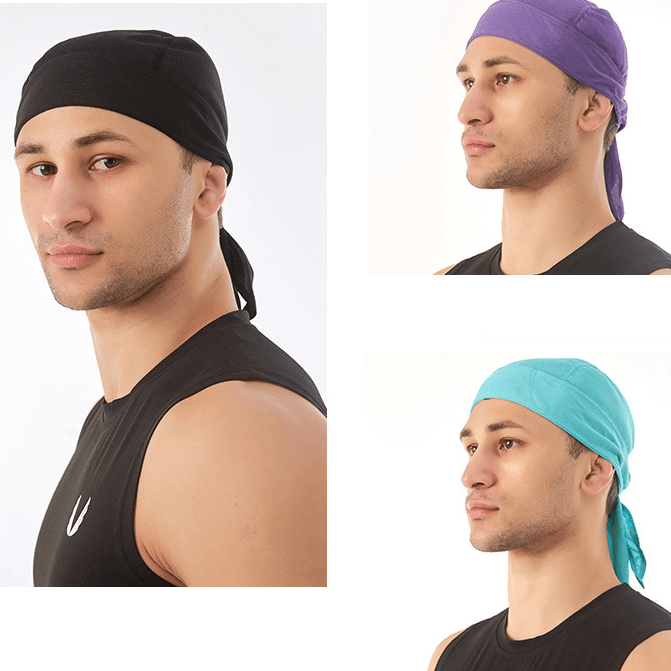 Three men wearing Quick Dry Cycling Caps in black, purple, and blue, showcasing lightweight design and UV protection for outdoor sports.