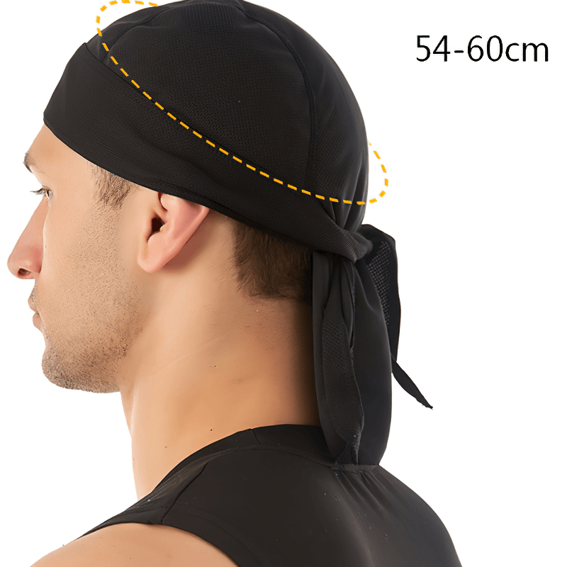Alt Tag: Quick Dry Cycling Cap for Men with UV Protection, side view, black color, size range 54-60cm, lightweight fabric, model wearing.