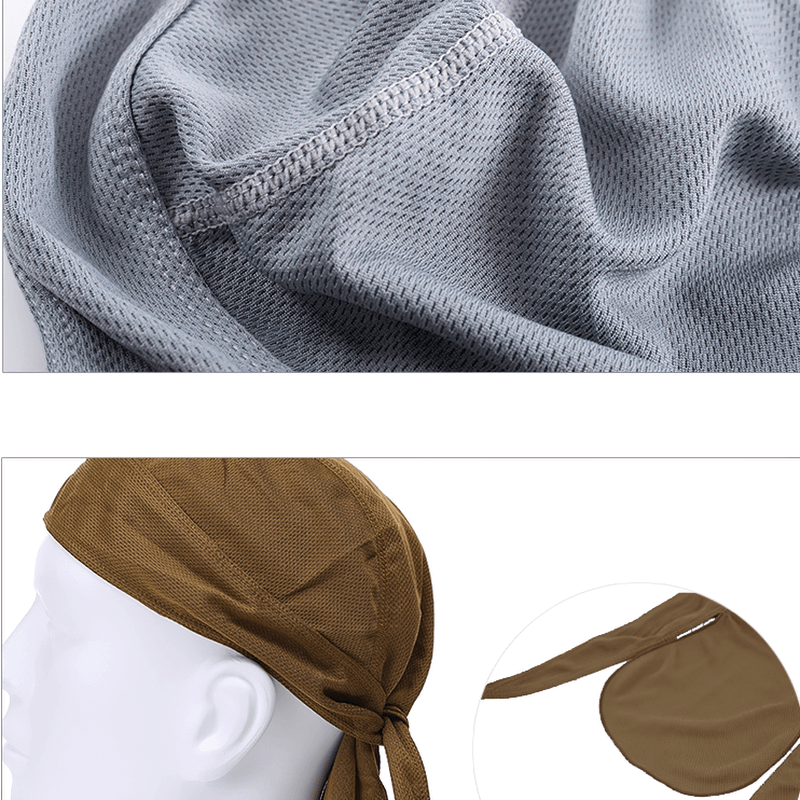 Quick Dry Cycling Cap in gray and brown, showcasing breathable polyester fabric with UV protection for outdoor activities.