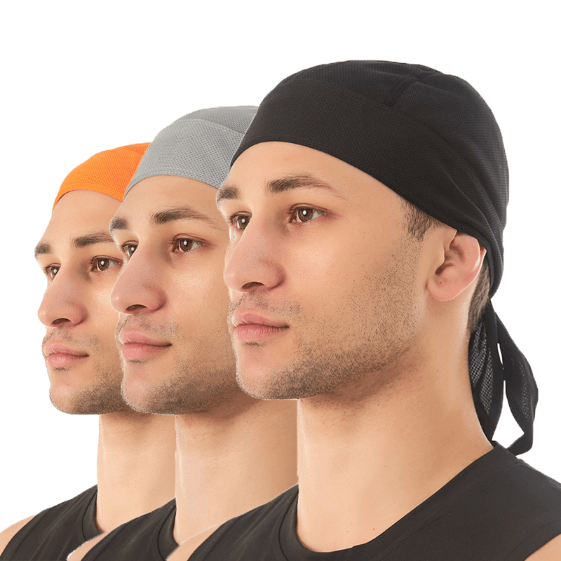 Three men wearing Quick Dry Cycling Caps in orange, grey, and black, showcasing UV protection headbands ideal for outdoor sports.