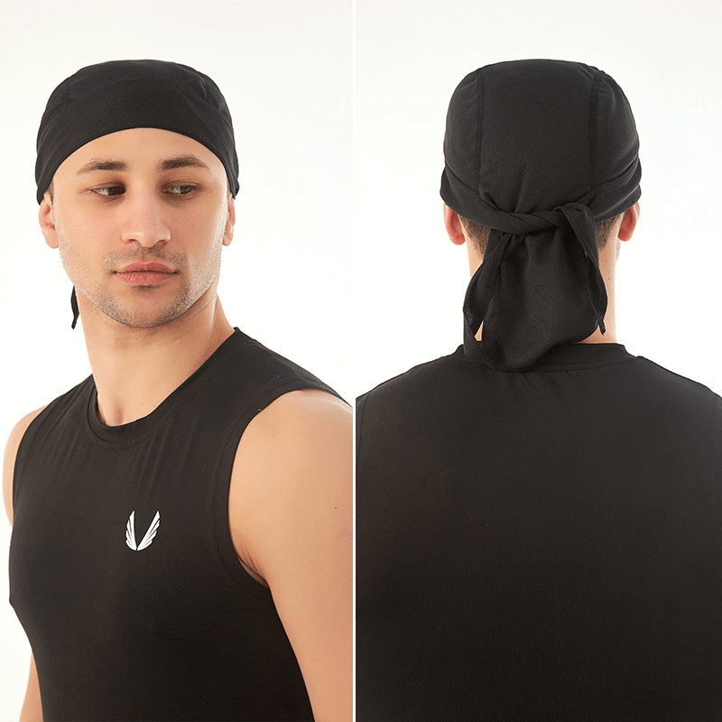 Man wearing a Quick Dry Cycling Cap for Men, showcasing front and back views of the cap, highlighting its lightweight, UV protective fabric.