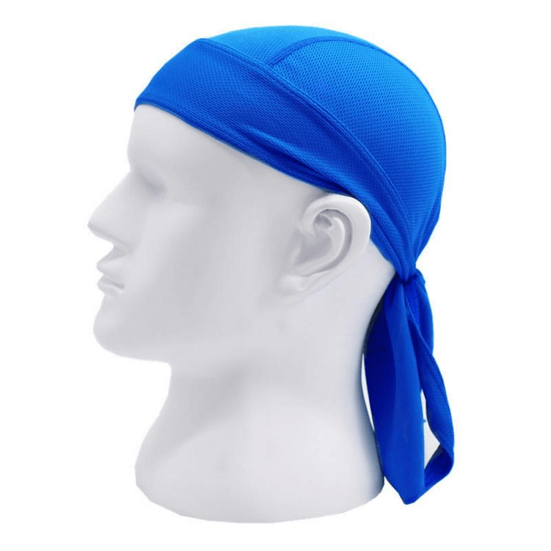 Blue quick-dry cycling cap for men offering UV protection, ideal for outdoor sports, shown on a mannequin side view.