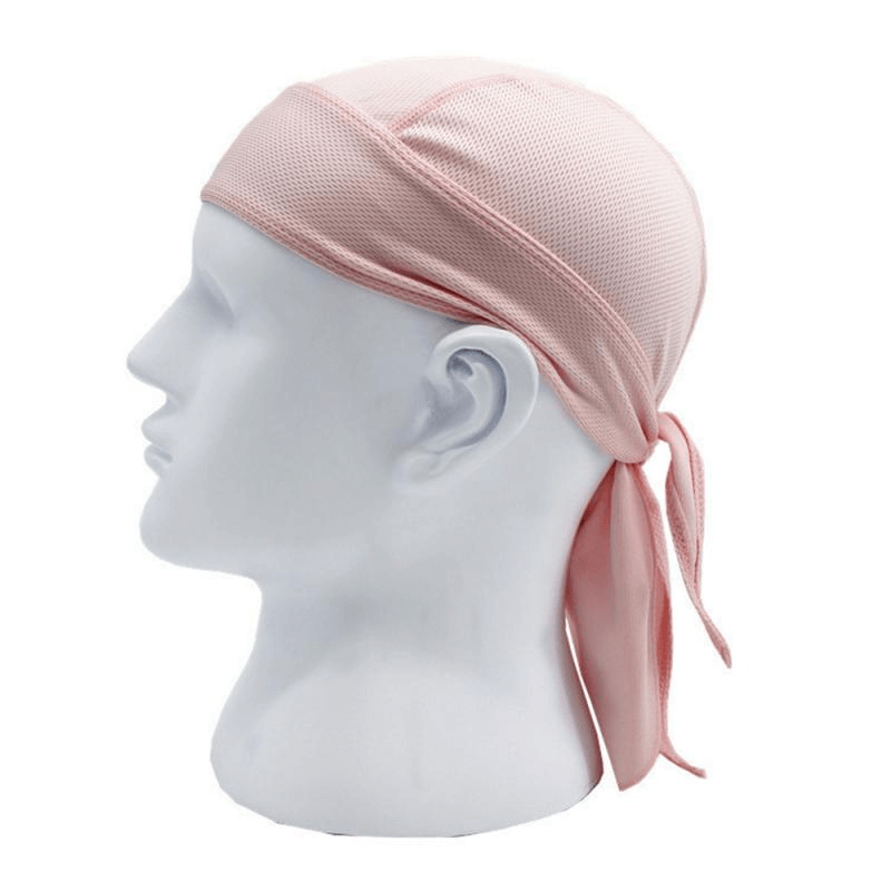 Light pink quick dry cycling cap with UV protection, tied at the back, displayed on a mannequin head.