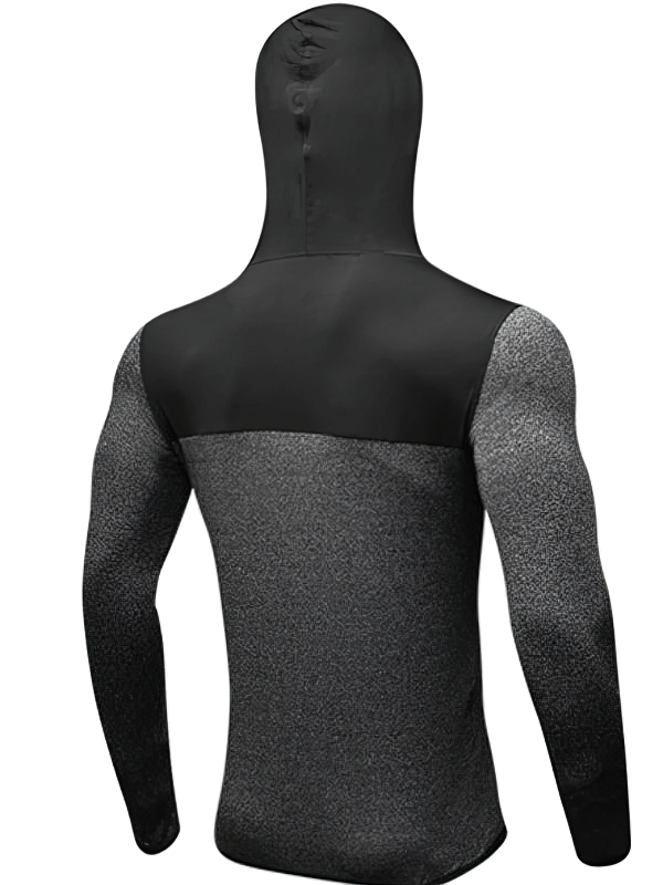 Back view of a Quick Dry Elastic Men's Hooded Training Jacket SF1870 in black and gray, showing sleek design and comfort.