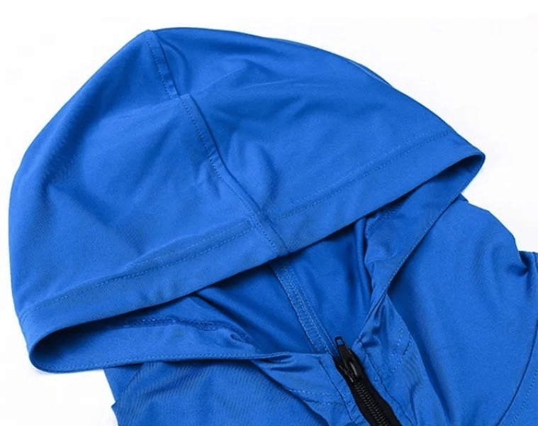 Close-up of Quick Dry Elastic Men's Hooded Training Jacket in blue, showcasing the lightweight polyester material and zipper detail.