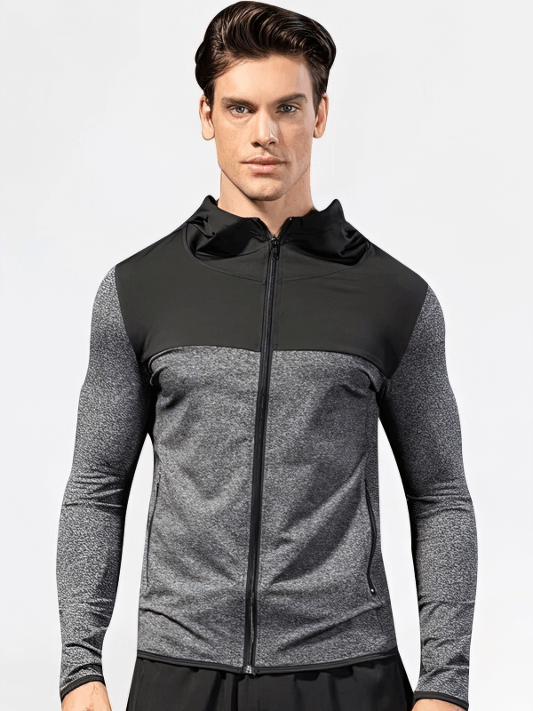 Quick dry elastic men's hooded training jacket SF1870 in gray and black, featuring lightweight comfort for workouts.