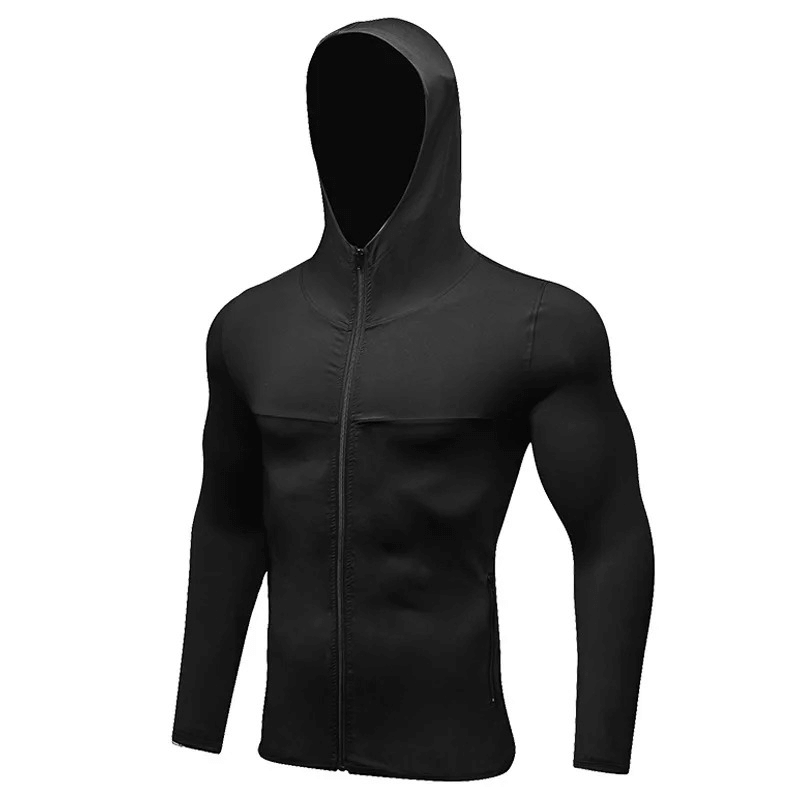 Quick Dry Elastic Men's Hooded Training Jacket in black, featuring lightweight polyester for comfort and breathability.