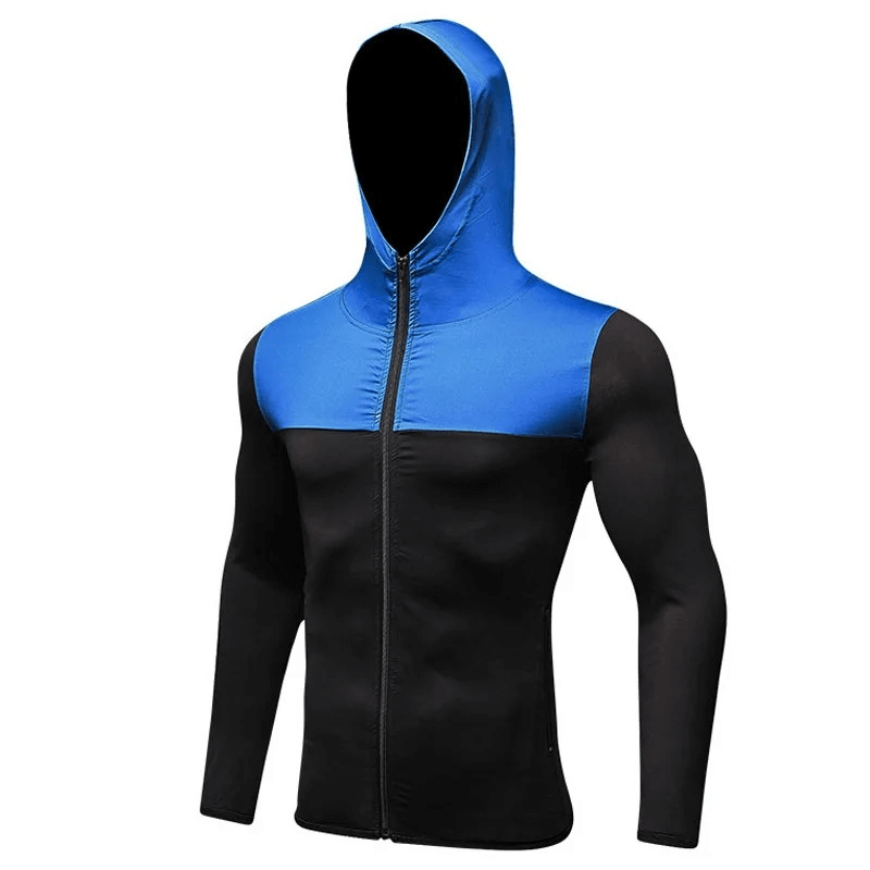 Quick Dry Elastic Men's Hooded Training Jacket SF1870 in blue and black, perfect for workouts with comfort and style.