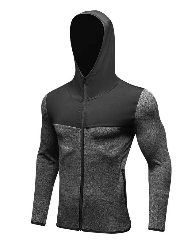 Quick dry elastic men's hooded training jacket SF1870 in dark grey showcasing lightweight, breathable fabric with full zip closure.