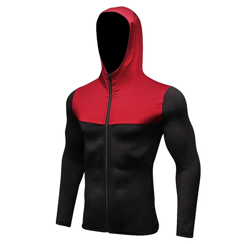 Red and black quick-dry elastic men's hooded training jacket SF1870, lightweight polyester design for optimal comfort and style.