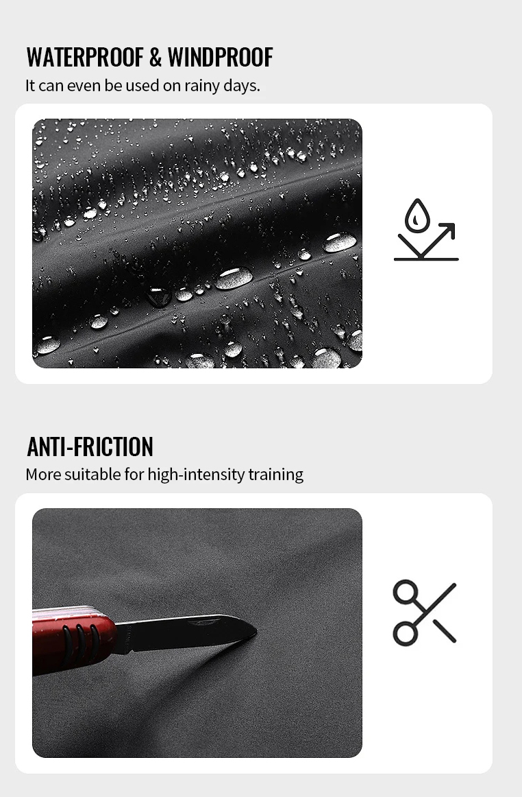 Quick Dry Hooded Running Tracksuit fabric demonstrating waterproof, windproof, and anti-friction features with design icons.