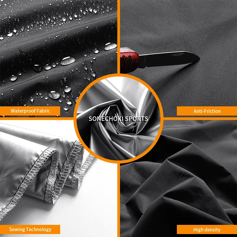 Close-up of quick dry fabric showcasing waterproof, anti-friction, high-density, and advanced sewing technology by Sonechoki Sports.