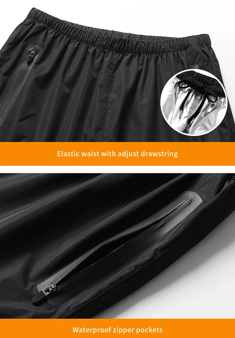 Close-up of men's quick dry tracksuit pants with elastic waist and waterproof zipper pockets, perfect for fitness and sports.