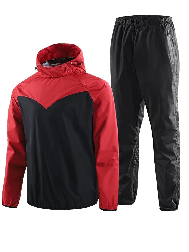 Red and black quick-dry hooded running tracksuit for men, SF2043, windproof and water-resistant, ideal for gym workouts or sports.