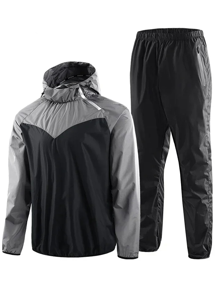 Quick Dry Hooded Running Tracksuit for Men SF2043 - Windproof Polyester Fitness Suit, Black and Gray, Full-Zip and Water-Resistant