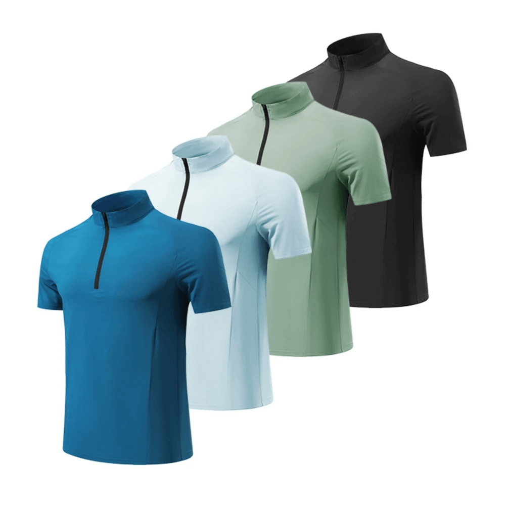 Alt Tag: Quick Dry Men’s Zippered Neck Sports T-Shirts in Blue, Light Blue, Green, Black; Athletic Short Sleeves; Spandex; SF2170