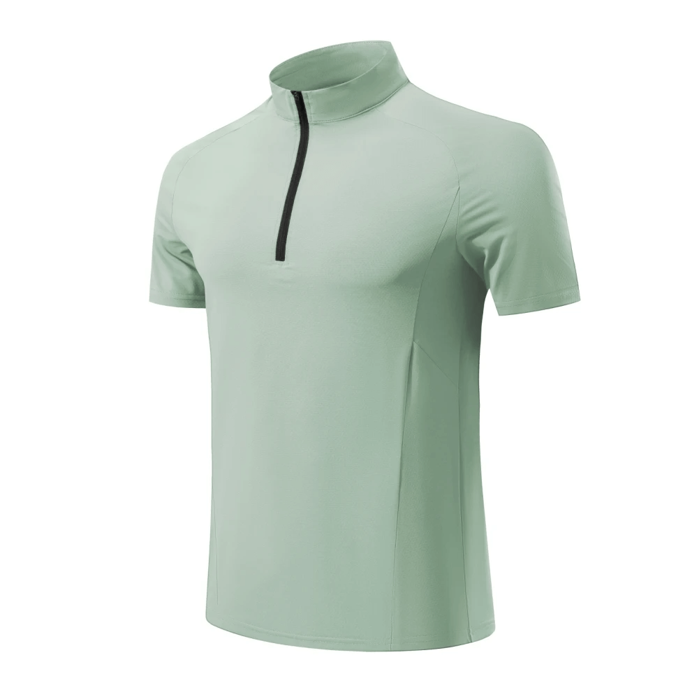 Quick Dry Men's Zippered Neck Sports T-Shirt in light green, athletic short sleeves, breathable spandex, ideal for performance.